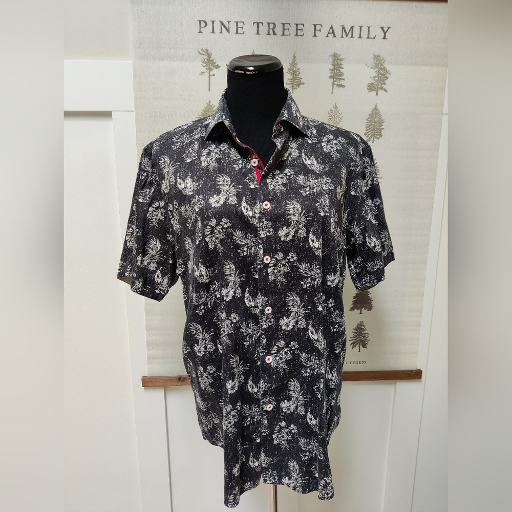 Danini Modern Fit Short-Sleeve Button-Down Shirt – Black & White Tropical Print